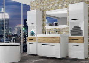 Mobili da bagno Belini bianco lucido / rovere sonoma + lavabo + specchio  bianco lucido / quercia sonoma 120cm