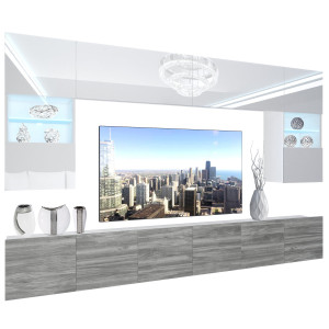 Parete attrezzata Belini Premium Versione completa Bianco lucido / Grigio antracite Glamour Wood + Illuminazione LED Nexum 133 Produttore NEX 1/0/W/WGW1/0/0/PP