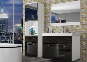Fürdőszoba bútor Belini fekete fényű / ébenfa + mosogató + tükör ROD PM 3/0/W/BHK/0/ZW