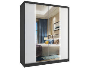 Tolóajtós szekrény 133 cm Belini fekete matt / fehér matt tükörrel és fiókokkal MV SZP2/2/B/W/W/HI