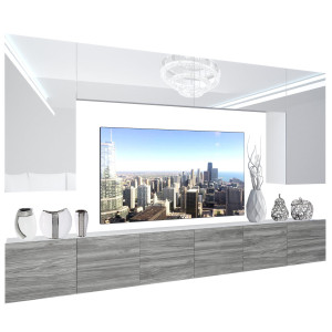 Szekrénysor Belini Premium Full Version fehér fényű / szürke antracit Glamour Wood + LED világítás NEX 2/0/W/WGW1/0/0/PP