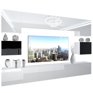 Szekrénysor Belini Premium Full Version fekete fényű / fehér fényű + LED világítás NEX 3/0/W/WBBW/0/0/PP