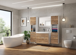 Mobilier de baie: dulapuri cu chiuvetă și oglindă, din stejar Wotan și stejar Sonoma. Producător: 
