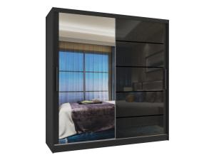 Kleiderschrank 158 cm Belini schwarz matt / schwarz glänzend mit Schiebetüren mit Spiegel und Schubladen 