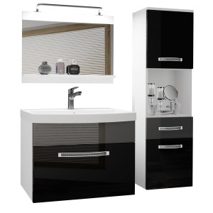 Badezimmermöbel Belini Premium Full Version Hochglanzschwarz / Hochglanzgrau + Waschbecken + Spiegel + LED-Beleuchtung Glamour 49 