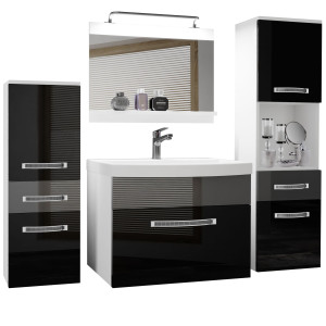 Badezimmermöbel Belini Premium Full Version Hochglanzschwarz / Hochglanzgrau + Waschbecken + Spiegel + LED-Beleuchtung Glamour 87 