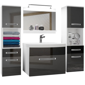 Badezimmermöbel Belini Premium Full Version Hochglanzgrau / Hochglanzschwarz + Waschbecken + Spiegel + LED-Beleuchtung Glamour 107 