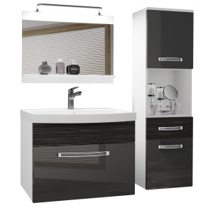 Badezimmermöbel Belini Premium Full Version Hochglanzgrau / königliches Ebenholz + Waschbecken + Spiegel + LED-Beleuchtung Glamour 52 