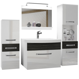 Badezimmermöbel Belini Premium Full Version Hochglanzweiß / königliches Ebenholz + Waschbecken + Spiegel + LED-Beleuchtung Glamour 92 