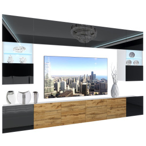 Wohnwand Belini Premium Full Version Hochglanzschwarz / Wotan-Eiche+ LED-Beleuchtung Nexum 16 