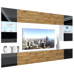 Wohnwand Belini Premium Full Version Hochglanzschwarz / Wotan-Eiche+ LED-Beleuchtung Nexum 14 
