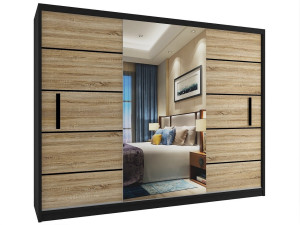 Šatní skříň 232 cm Belini černý mat / dub sonoma s posuvnými dveřmi a zrcadlem Výrobce MZ SZP4/2/1B/2DS1L/0/BL
