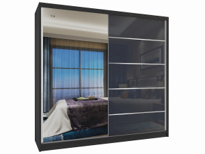 Šatní skříň 200cm Belini černý mat / šedý lesk s posuvnými dveřmi a zrcadlem Výrobce MG SZP1/2/B/1L5S/HI