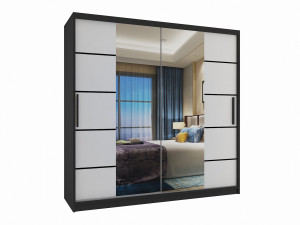 Šatní skříň 200 cm Belini černý mat / bílý mat s posuvnými dveřmi zrcadlem a zásuvkami Výrobce ME SZP5/1/B/W/0/KLP