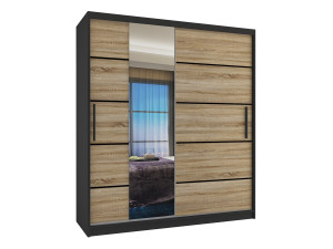 Šatní skříň 133 cm Belini černý mat / dub sonoma s posuvnými dveřmi zrcadlem a zásuvkami Výrobce MBP SZP6/1/B/DS/0/KLP