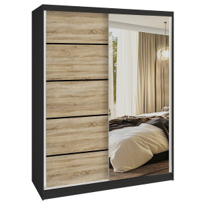 Šatní skříň SERENITY 133 cm Belini černý mat / dub sonoma s posuvnými dveřmi a zrcadlem Výrobce MBP SERENITY SZP6/0/B/DS/0/HIAL