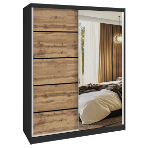 Šatní skříň SERENITY 133 cm Belini černý mat / dub wotan s posuvnými dveřmi a zrcadlem Výrobce MBP SERENITY SZP6/0/B/DW/0/HIAL