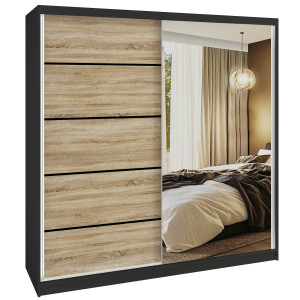 Šatní skříň SERENITY 200 cm Belini černý mat /dub sonoma s posuvnými dveřmi a zrcadlem Výrobce MBP SERENITY SZP5/0/B/DS/0/HIAL