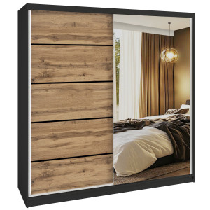 Šatní skříň SERENITY 200 cm Belini černý mat / dub wotan s posuvnými dveřmi a zrcadlem Výrobce MBP SERENITY SZP5/0/B/DW/0/HIAL