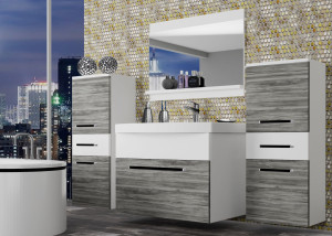 Kúpeľňový nábytok Belini šedý antracit Glamour Wood / biely mat + umývadlo + zrkadlo Výrobca ROD M 4/0/W/GWW/0/ZW