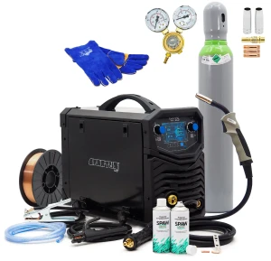 SPARTUS EasyMIG 225 LCD 220A 230V Synergie + Gasflasche, Reduzierer