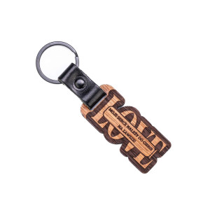 Drewniany Personalizowany Brelok Leather LOVE  Plus Twój Tekst Merbau - Czarny