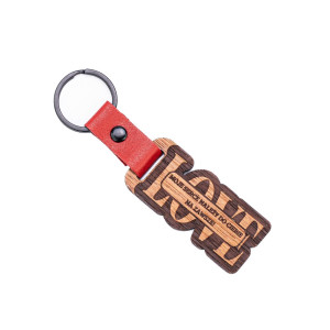 Drewniany Personalizowany Brelok Leather LOVE  Plus Twój Tekst Merbau - Czerwony