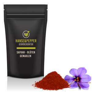 Safran Pulver gemahlen Blütenspitzen neue Ernte Saffron Sargol in Spitzenqualität Safranpulver Sar-gol rot