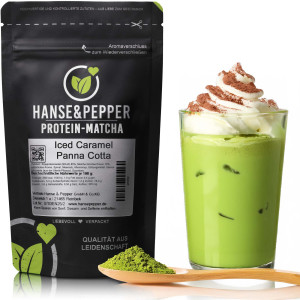 Vegan Matcha Proteinpulver-Iced Caramel Panna Cotta
