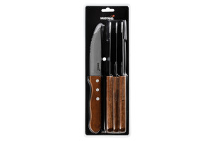 Mustang 4 tlg. Steakmesser Set mit robusten Holzgriffen | breite Edelstahl Klinge mit Kombi-Wellenschliff