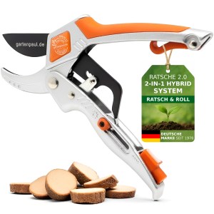 Gartenschere Ratsche 2.0, Profi Ratschengartenschere, Hybridschere 2 in 1 Ratsch and Roll, Amboss Gartenschere inkl. Schärfer aus Hartmetall im Griffstück
