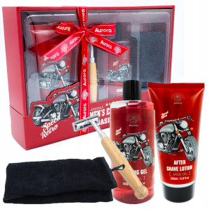 Aurora - zestaw prezentowy męski 4 elementy retro do golenia - żel, balsam, maszynka, ręcznik