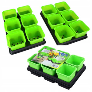 Vefi - doniczki kwadratowe 8cm - zielone -12 szt + 2tace