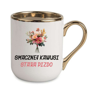 Kubek elegancki biało złoty na prezent - smacznej kawusi