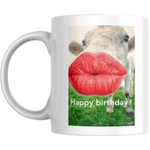 Śmieszny kubek urodzinowy - happy birthday krowa z ustami