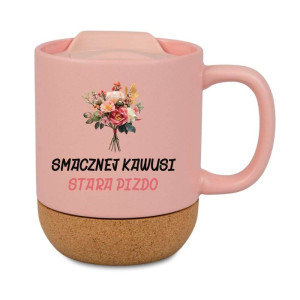 Kubek korkowy na prezent różowy - smacznej kawusi