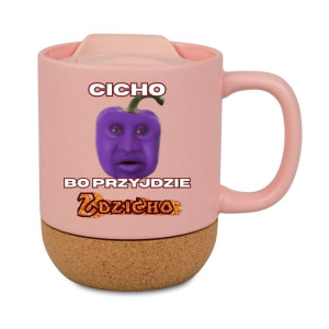 Śmieszny kubek korkowy na prezent różowy - cicho bo zdzicho