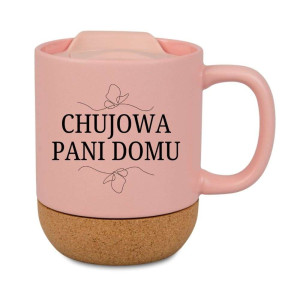 Śmieszny kubek korkowy na prezent różowy - chvjowa pani domu