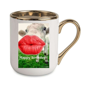 Kubek elegancki biało złoty urodzinowy - happy birthday krowa
