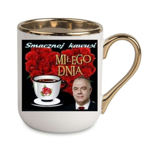 Kubek elegancki biało złoty urodzinowy - smacznej kawusi
