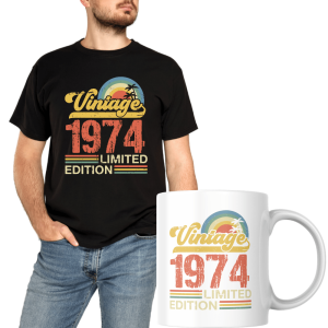 Zestaw koszulka + kubek urodzinowy Rocznik vintage 1974 XXL Czarny