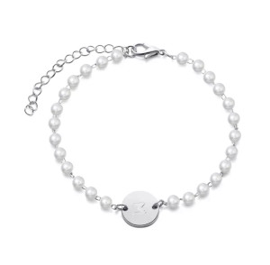 BRANSOLETKA SREBRNA KORALIKI BIAŁE BLASZKA LITERKA M