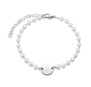 BRANSOLETKA SREBRNA KORALIKI BIAŁE BLASZKA LITERKA A