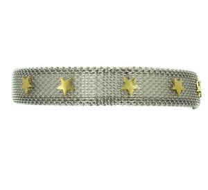 BRANSOLETKA MESH STAL SREBRNA ZŁOTE GWIAZDKI