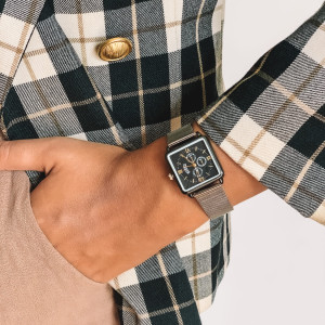 ZEGAREK BRANSOLETA STAL MESH GRAFITOWA KWADRATOWA CZARNA TARCZA