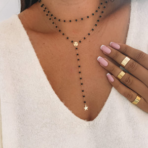 NASZYJNIK PODWÓJNY STAL CZARNE KAMIENIE GWIAZDKA BODY CHAIN MISSMAD