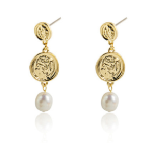 KOLCZYKI KOLOR ZŁOTY PEREŁKI MONETA WISZĄCE