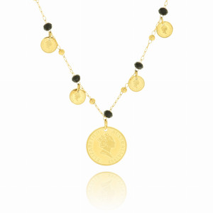 NASZYJNIK STAL KOLOR ZŁOTY CHOKER CZARNE KAMIENIE MONETY