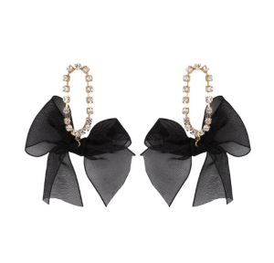 KOLCZYKI WSTĄŻKI CZARNE TIULOWE CYRKONIE KOLOR ZŁOTY