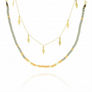 NASZYJNIK STAL 316 L ŁAŃCUSZEK CHOKER Z ZAWIESZKAMI SZARE ZŁOTE KORALIKI KOLOR ZŁOTY